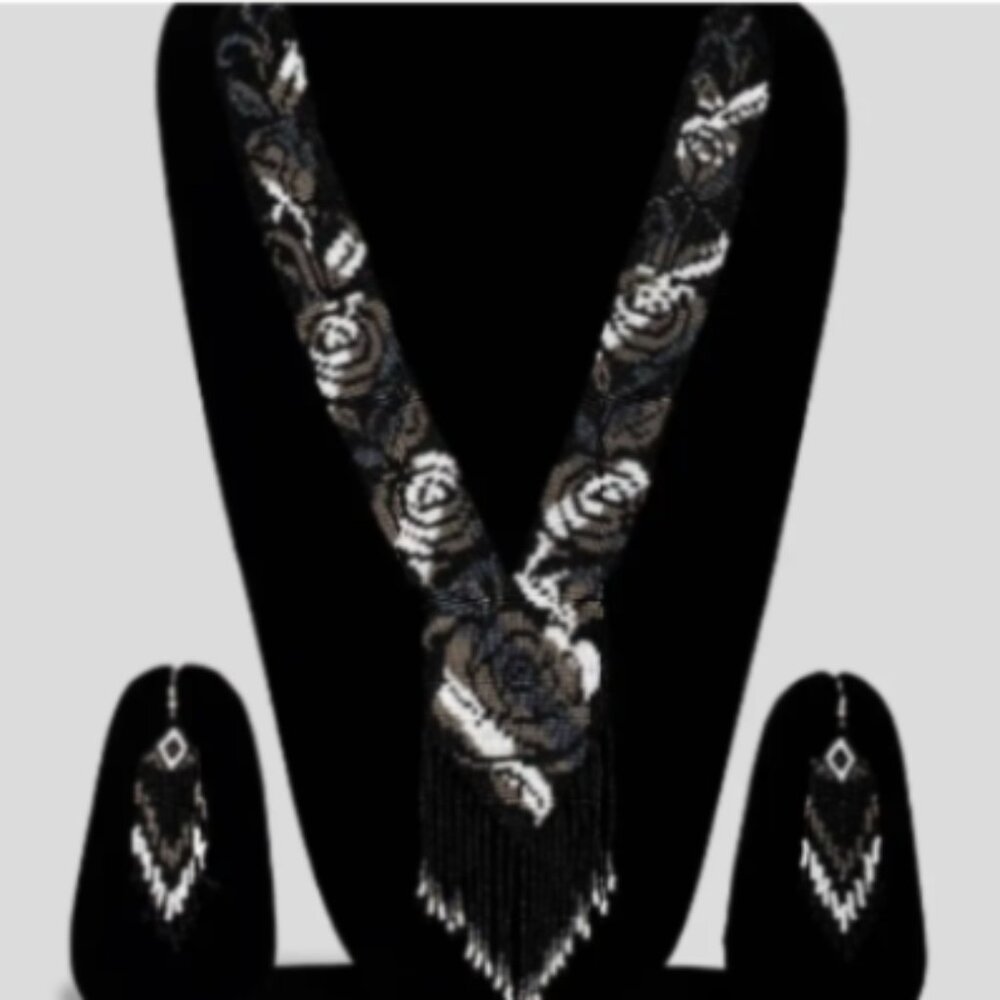 Handmade Beaded Jewelry Set – Boho Necklace & Earrings Rose Black